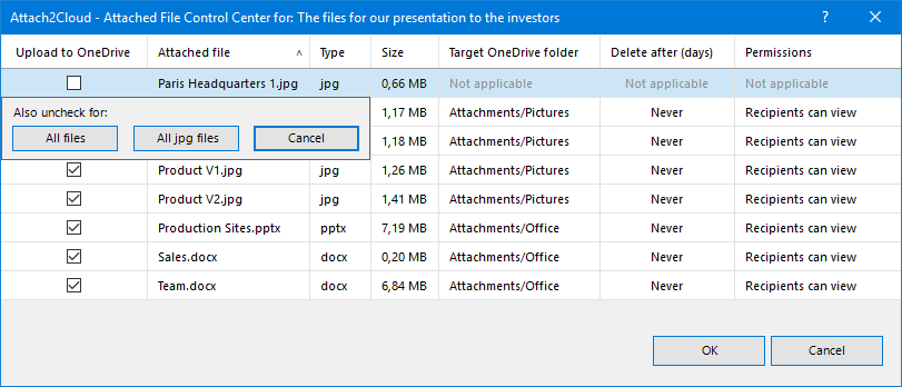 Unchecking the upload to OneDrive checkbox keeps your MS Outlook attached files as standard attachments