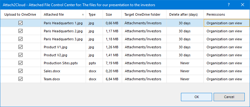 Click the OK button to have Attach2Cloud uploading your email attached files to OneDrive as per your instructions