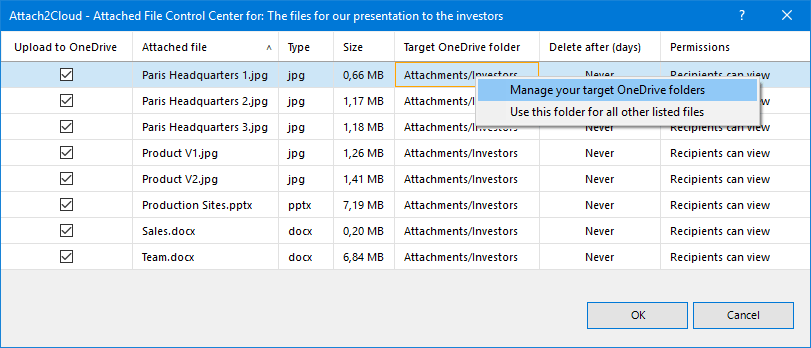 Right-click / Manage target folders on a Target OneDrive folder column cell to manage your target OneDrive folders