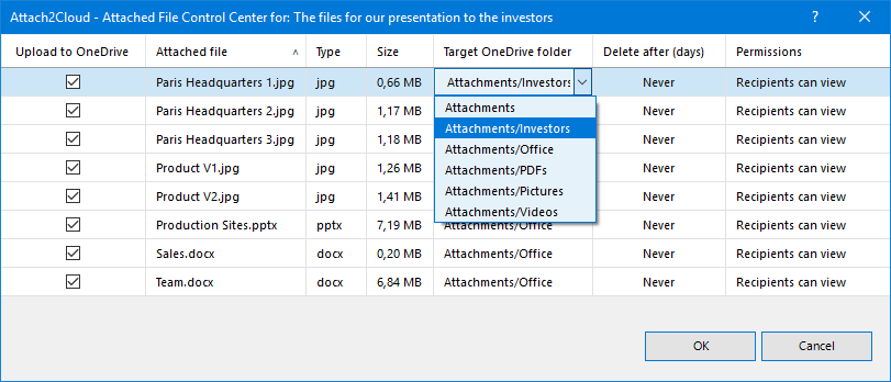 Using the Target OneDrive folder combo-list, you can upload your MS Outlook attached files to your preferred OneDrive folders