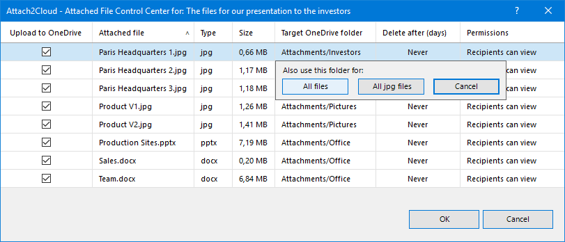 Apply your target OneDrive folder selection to all of the attached files of the same type in one click