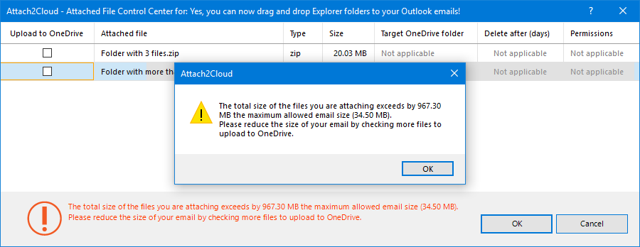 Un avertissement explique pourquoi vous devez charger vos fichiers volumineux sur OneDrive.