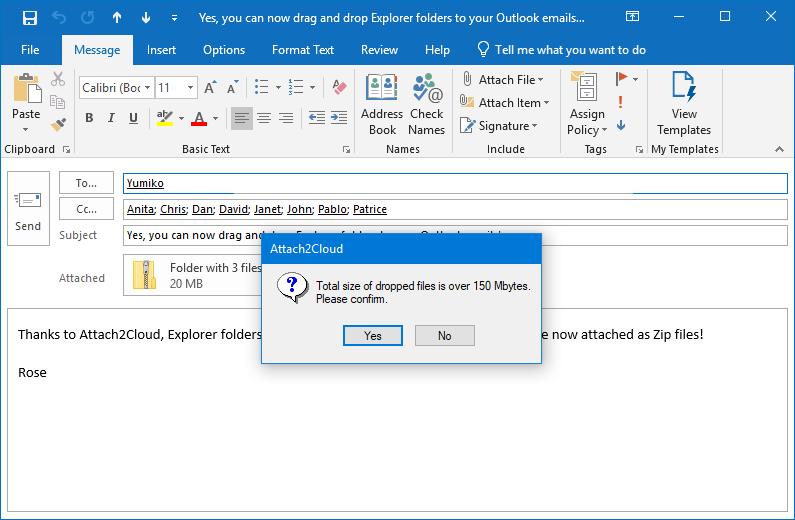 Un avertissement (configurable) nous informe que la taille du dossier déposé dans notre email Outlook est supérieure à 150 Mo.