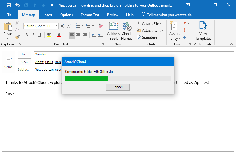 Le dossier attaché à l'email Outlook est compressé automatiquement dans un fichier Zip....