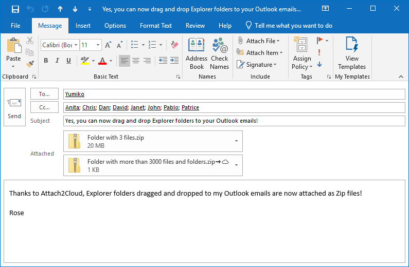 Le dossier Zip compressé est ensuite joint à notre courriel Outlook.