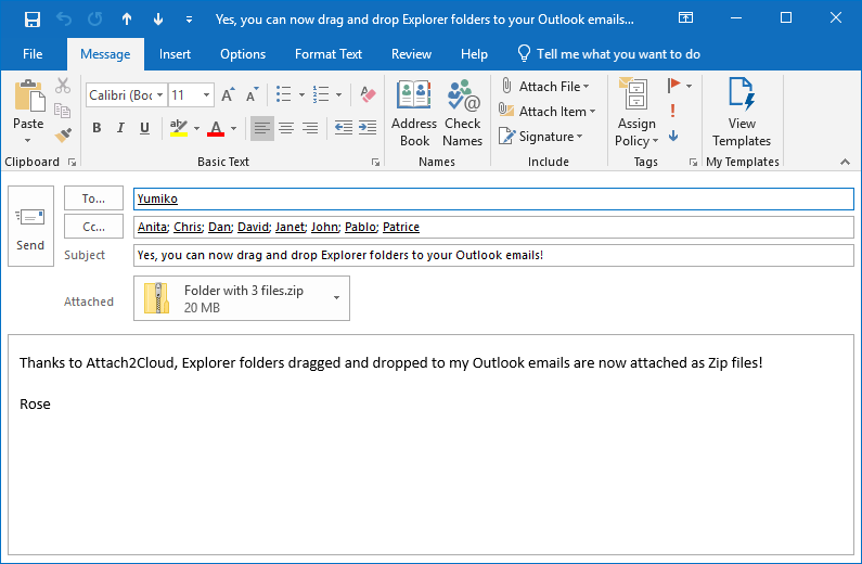 Et le fichier Zip résultant est ensuite joint à notre courriel Outlook.