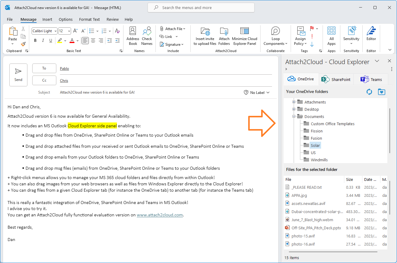The Attach2Cloud MS Outlook Cloud Explorer for OneDrive SharePoint Online and Teams
