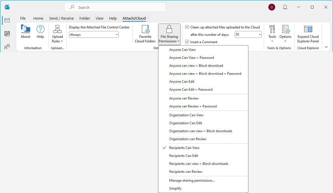 Attach2Cloud Ribbon - File Sharing Permissions drop-down menu - Expert mode