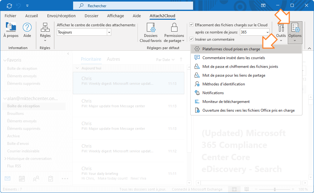 Attach2Cloud - Comment activer la prise en charge de SharePoint Online et Teams - Menu