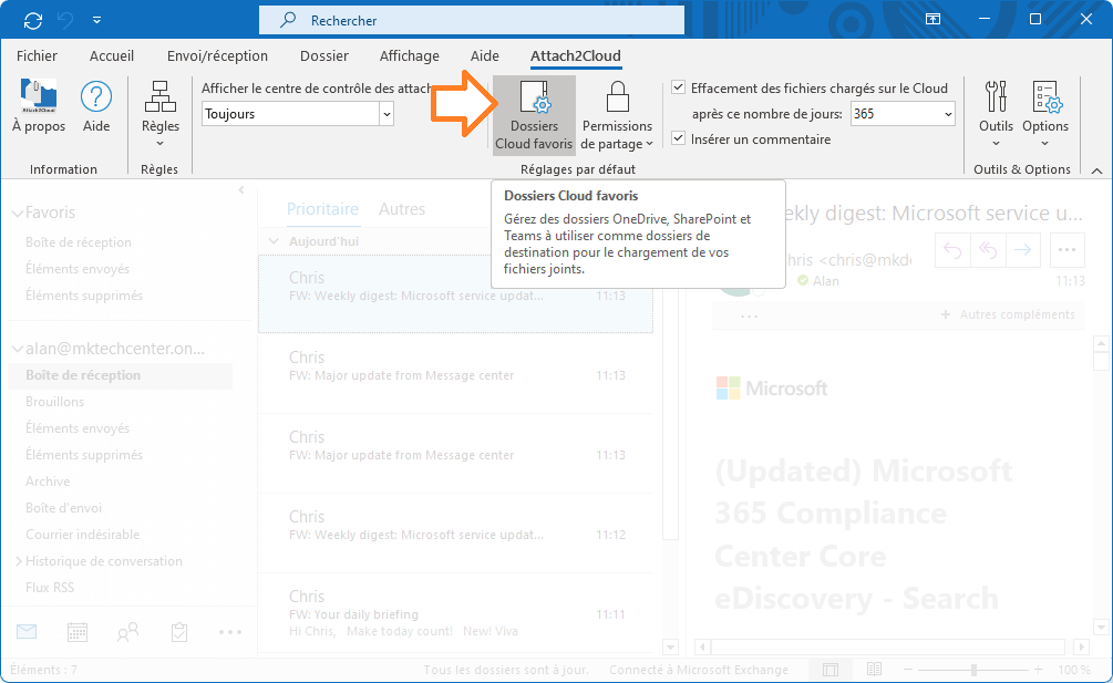 Attach2Cloud activer la prise en charge de SharePoint Online et Teams - fenêtre Plateformes cloud supportées