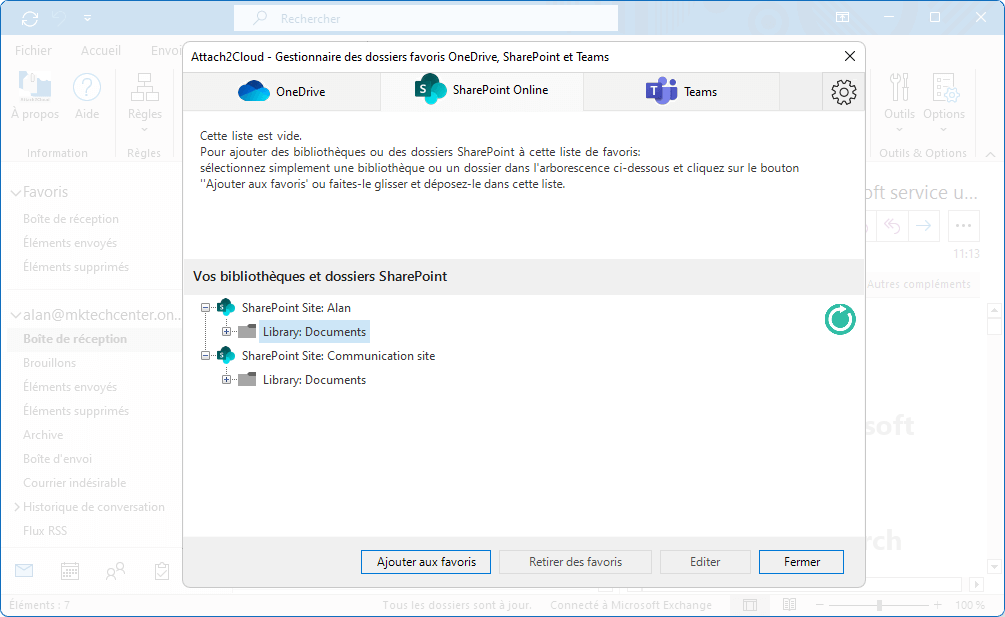 Attach2Cloud activer la prise en charge de SharePoint Online et Teams - fenêtre Plateformes cloud supportées