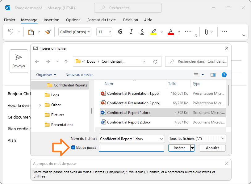 Comment sécuriser vos pièces jointes Outlook: Cochez la case Mot de passe