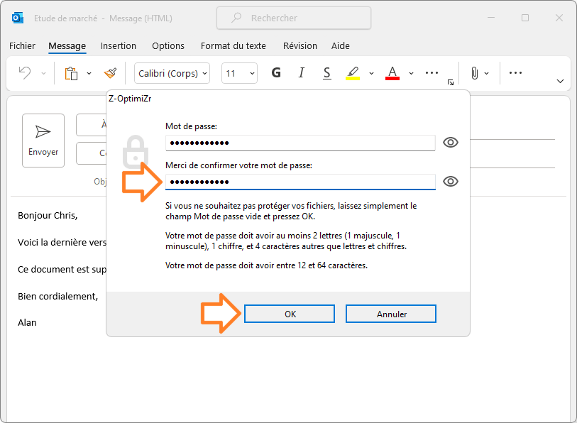 Comment sécuriser vos pièces jointes Outlook: Confirmez votre mot de passe et validez