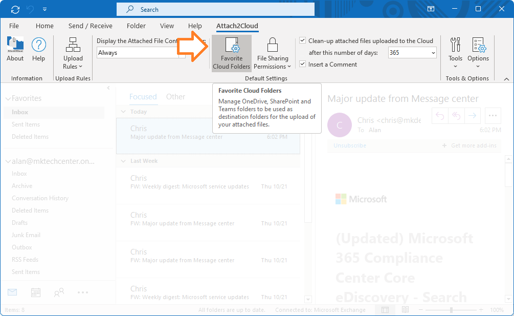 Attach2Cloud - How to initialize the SharePoint Online and Teams catalog - 1 - Click the Favorite Cloud Folders button