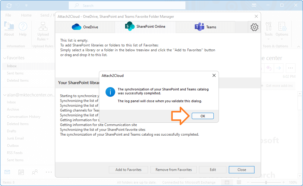 Attach2Cloud - How to initialize the SharePoint Online and Teams catalog - 4 - The initialization is completed, click OK