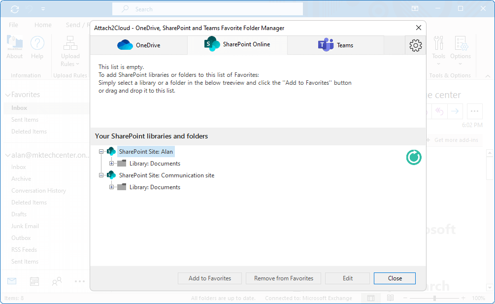 Attach2Cloud - How to initialize the SharePoint Online and Teams catalog - 5 - Add SharePoint Online libraries or folders to your favorite destinations