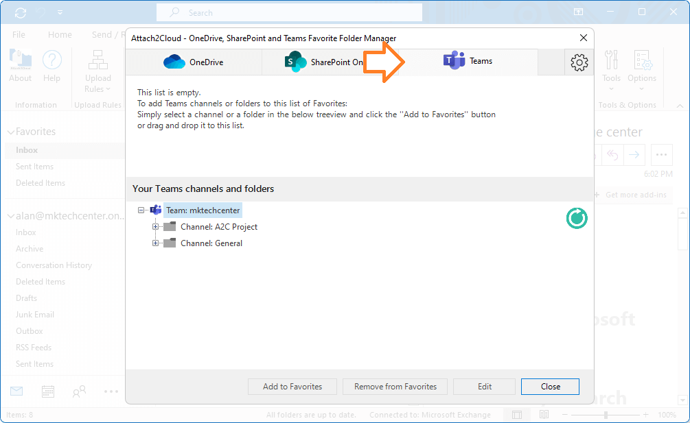 Attach2Cloud - How to initialize the SharePoint Online and Teams catalog - 5 - Add Teams teams or folders to your favorite destinations