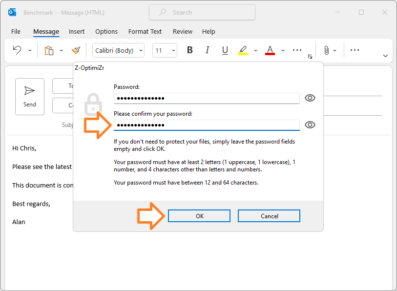 How to secure your MS Outlook attached files: confirm your password and validate
