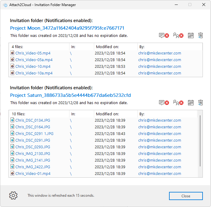Attach2Cloud invitations - The Invitation Folder Manager called from the Attach2Cloud ribbon