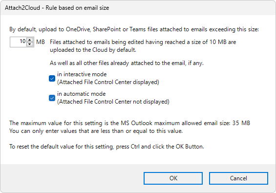 Attach2Cloud upload rule based on email size
