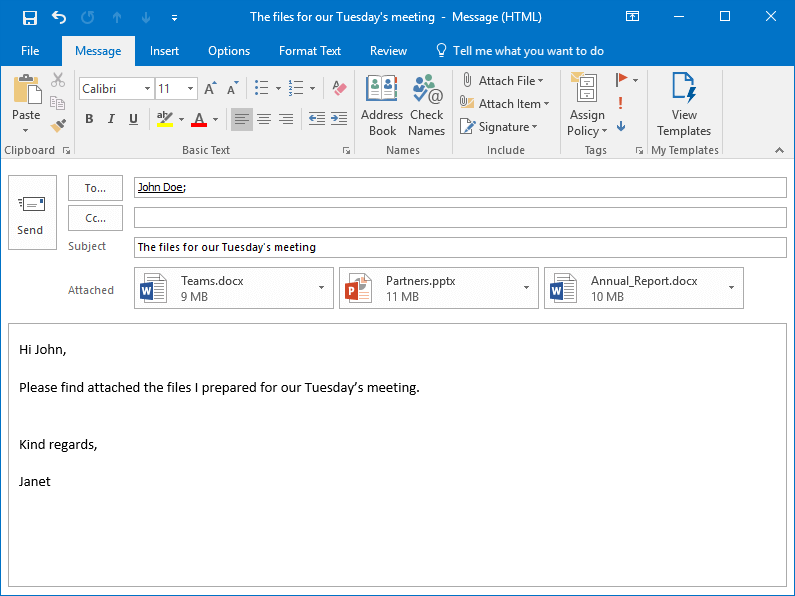 MS Outlook email with attached files ready to be sent