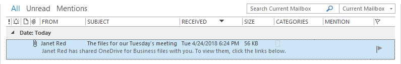 The received Outlook email with attached files replaced by OneDrive shortcuts by Attach2Cloud is arrived in the John's inbox