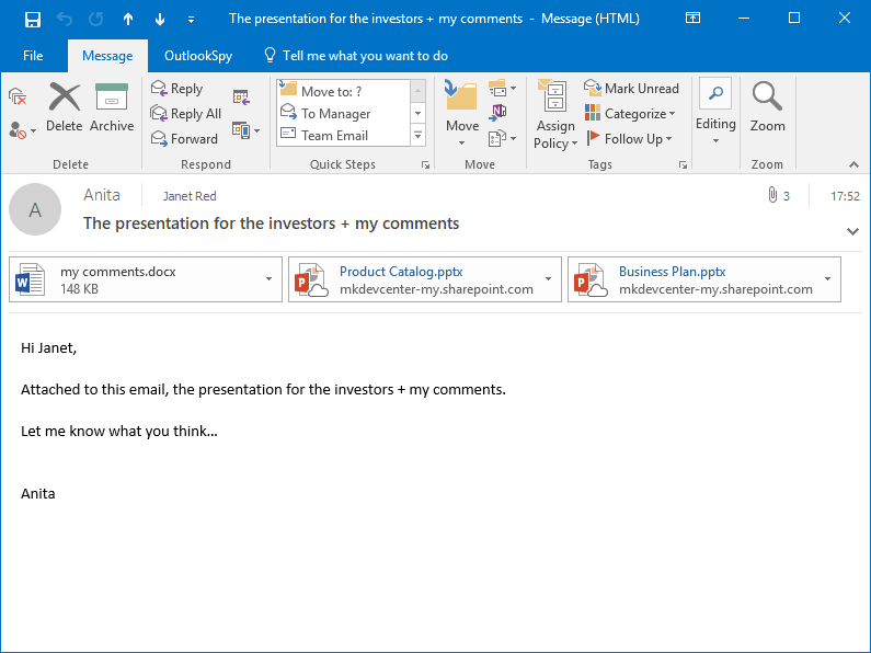 The received MS Outlook email with attached OneDrive shortcuts created by Attach2Cloud in place of the large files attached by Anita