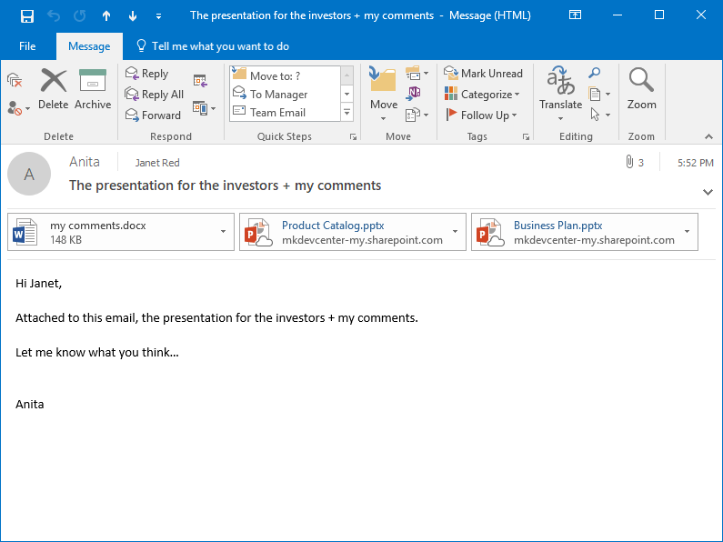 In the Anita's MS Outlook Sent Items folder, the sent email with the OneDrive shortcuts created by Attach2Cloud