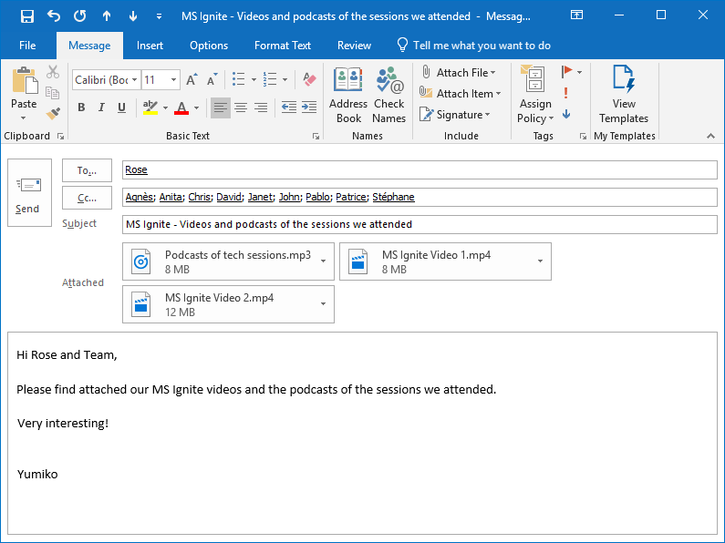 The MS Outlook email with the attached video and audio files is ready to be sent
