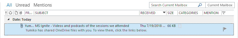 The received Outlook email with the large video and audio attached files replaced by OneDrive shortcuts by Attach2Cloud is arrived in the Rose's inbox