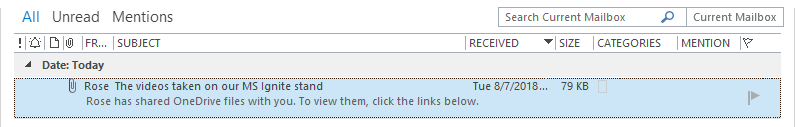 The size of the received email (with the large video attached files replaced by OneDrive shortcuts by Attach2Cloud) is only 79 KB.