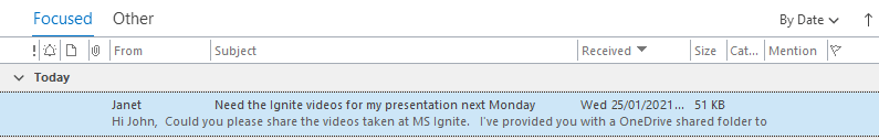 The received Outlook email with the invitation to upload files to OneDrive has arrived in the John's inbox