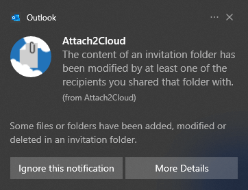 The Attach2Cloud Windows 10 notification notifying Janet that one of her OneDrive invitation folders content has been updated