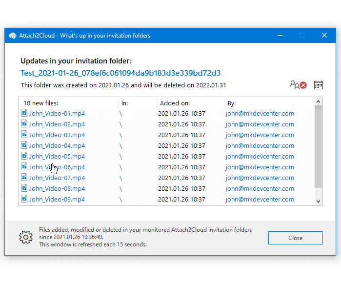 The Attach2cloud invitation folder dashboard showing the files uploaded by John to the Janet's OneDrive invitation folder
