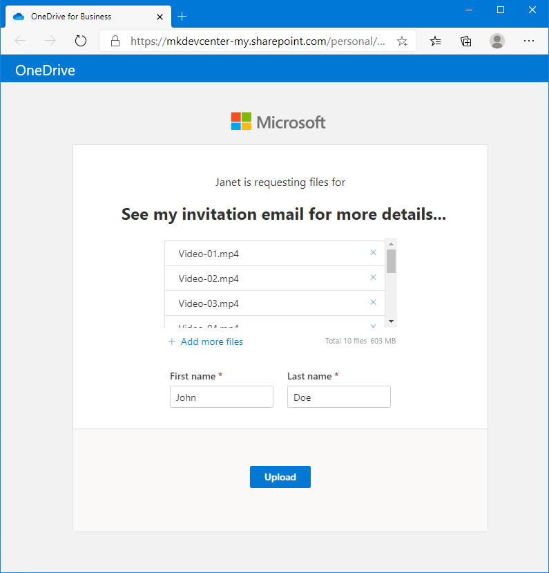 A recap of the files selected by John to be uploaded to the Janet's OneDrive invitation folder is displayed