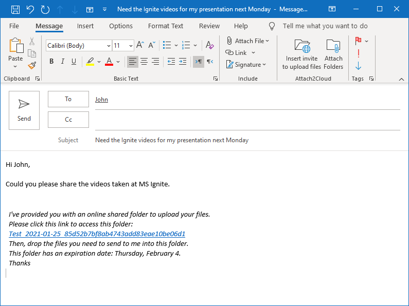 Attach2Cloud has inserted the invitation to upload files to OneDrive in the Janet's email