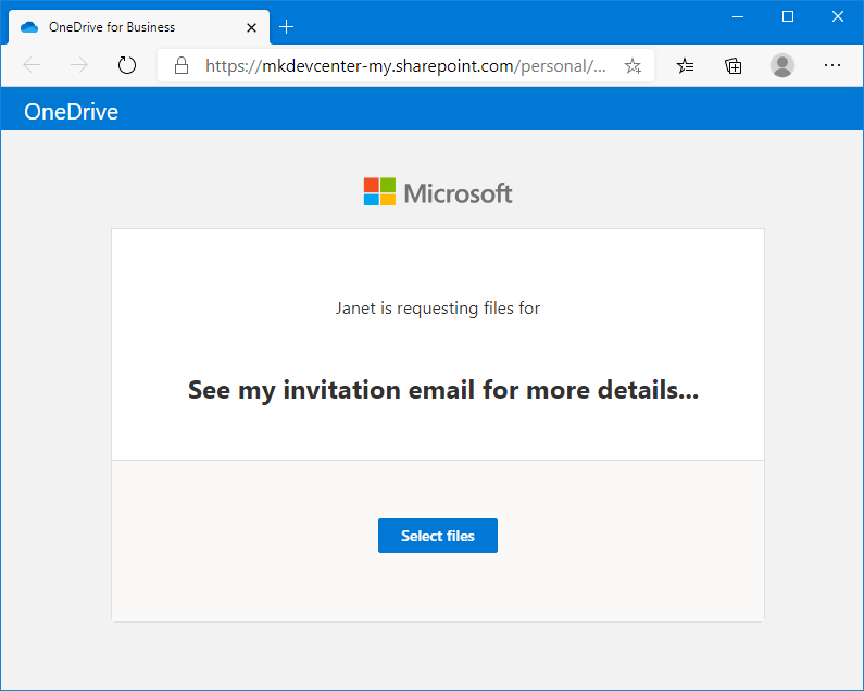 The web page displayed when John clicks the invitation link inserted by Attach2Cloud in the Janet's Outlook email